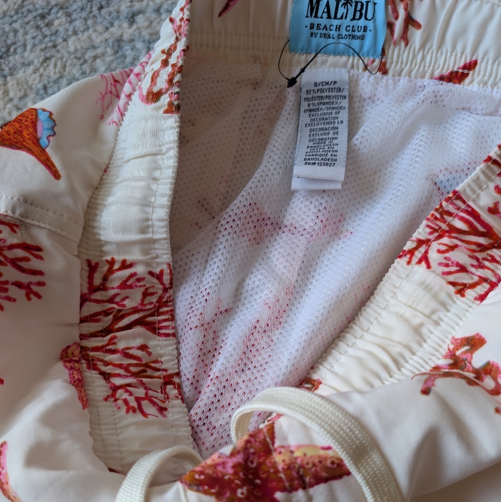 S Malibu Beach Club Men's Shorts Hawaiian Drill Lined Swim Beach Shells Nwot - Picture 4 of 7